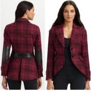 Smythe burgundy wool equestrian Plaid Blazer with black leather patches sz 8 (6)